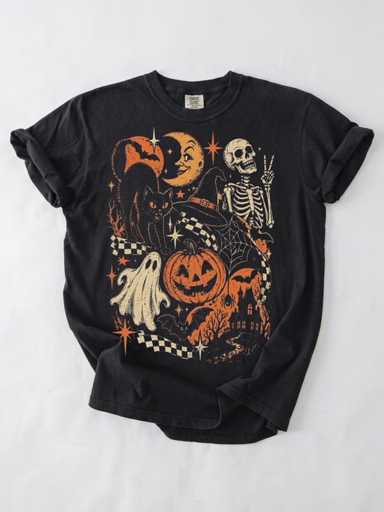 Comfort Colors Tops - Comfort Colors Retro Halloween Graphic Tee, Black Cat Ghost Skeleton T-Shirt